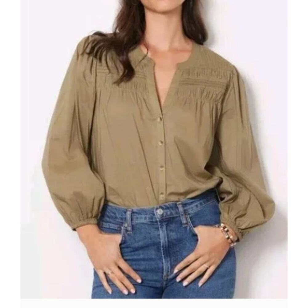 New Evereve Cleobella XS Olive Green River Blouse Puff Sleeve Button Front VNeck - Picture 13 of 14